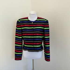 Jacqueline Ferrar Black Jacket with Red, Green, Blue and Gold Ribbon Stripes